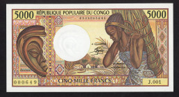 Word Banknotes - Congo - Republic - 5000 Francs ND (1984) Woman/mask, sign.12 (P. 6a) - UNC.