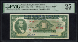 Word Banknotes - Costa Rica - 100 Colones 16.6.1954 series G, overprint Banco Central de Costa Rica on P. 212 (P. 219a) - PMG Very Fine 25.
