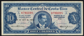 Word Banknotes - Costa Rica - 10 Colones 16.4.1962 - series A (P. 221c) - XF.