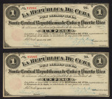 Word Banknotes - Cuba - 1 Peso 17.8.1869 Uniface (P. 61) - stapleholes - Total 2 consecutice pcs. - AU.