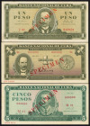 Word Banknotes - Cuba - 1 + 1 + 5 + 10 + 20 Pesos 1964-1975-1970-1970-1978 all with diagonal Specimen ovpt. in red (P. 94s, 106s, 103s, 104s, 105s) - ...