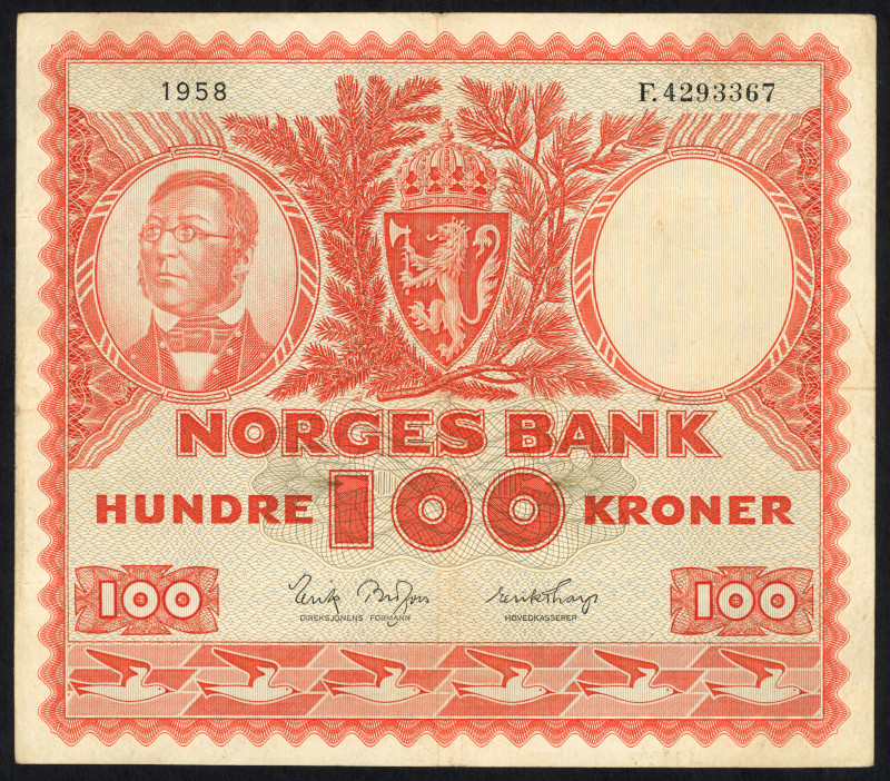 Word Banknotes - Norway - 100 kronen 1958 sign. Brofoss-Thorp (P. 33b) - prefix ...