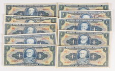 Banknotes world in boxes - Brazil - 1 Cruzeiro ND (1944) (P. 132) 7x, 2 Cruzeiros ND (1944) (P. 133) 3x.- Total 10 pcs. in average XF/AU.