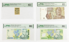 Banknotes world in boxes - Romania - Small lot with Romanian banknotes, PMG certified, incl. 10,000 Lei 1999 , 2001 (UNC 66 EPQ), 500 Lei 1991 & 10 Ba...