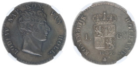 Koninkrijk Holland (Lodewijk Napoleon 1806-1810) - 1 Gulden 1809 Lodewijk Napoleon mm. Bee (Sch. 154a/ R) edge lettering: 'DE NAAM DES HEEREN ZY GELOO...