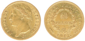 Nederland onder Napoleon (1810-1813) - 20 Francs 1813 OVER 1812 mm. Flag (Sch.- / vgl. Sch. 164) - overdate clearly visible - VF