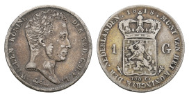 Koninkrijk NL Willem I (1815-1840) - 1 Gulden 1818 U (Sch. 258/RR) - - mintage: only 42.700 pcs, VERY RARE - F/VF, with deep dark toning on the sharpl...