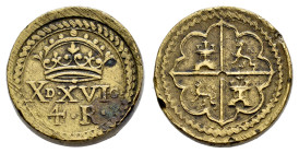 Weight for 4 reales. Anv.: X·D·XVI·G· / ◆4◆R◆. Ae. 13,69 g. VF. Est...60,00. 

Spanish description: Ponderal para 4 reales. Anv.: X·D·XVI·G· / ◆4◆R◆...