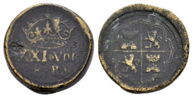 Weight for 8 reales. Ae. 26,26 g. F. Est...45,00. 

Spanish description: Ponderal para 8 reales. Ae. 26,26 g. BC. Est...45,00.