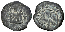 Philip II (1556-1598). 2 maravedis. ND (1577-1582). Cuenca. X. (Cal-56). (Jarabo-Sanahuja-A97). Ae. 3,49 g. Castle between C and X surmounted by round...