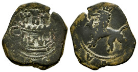 Philip II (1556-1598). 2 maravedis. ND. Cuenca. (Cal-Type 30 var). (Jarabo-Sanahuja-Unlisted). Ae. 3,46 g. Without pomegranate under the lion. Very ra...