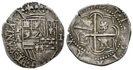 Philip II (1556-1598). 1 real. ND (1586-1589). Potosi. A. (Cal-244). Ag. 3,16 g. Slight patina. Double struck on reverse. All visible data. Scarce in ...