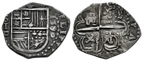Philip II (1556-1598). 1 real. 1590/89. Sevilla. (Cal-266). Ag. 3,39 g. S/I/d square to left, four-digit date to right. Clear overdate. Nice patina. S...
