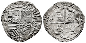 Philip II (1556-1598). 2 reales. ND (1577-1588). Lima. D (Diego de la Torre). (Cal-338). Ag. 6,54 g. */II to the left and P/oD to the right of the shi...