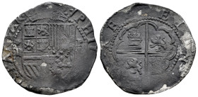 Philip II (1556-1598). 2 reales. ND (1577-1588). Lima. D. (Diego de la Torre). (Cal-338). Ag. 6,73 g. */II to the left, P/(Do) to the right of the shi...