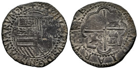 Philip II (1556-1598). 2 reales. ND (1577-1588). Lima. D. (Diego de la Torre). (Cal-341). Ag. 6,87 g. P/II to the left, C/* to the right of the shield...