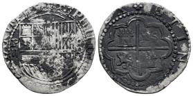 Philip II (1556-1598). 2 reales. ND (1577-1588). Lima. D. (Diego de la Torre). (Cal-341). Ag. 6,54 g. P/II to the left, C/* to the right of the shield...