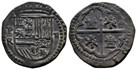 Philip II (1556-1598). 2 reales. ND (1574-1576). Potosi. R (Alonso Rincón). (Cal-364). Ag. 6,98 g. Dark patina. Variety with different castles on obve...