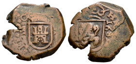 Charles II (1665-1700). 2 maravedis. 1681. Valladolid. (Cal-112). (Jarabo-Sanahuja-N99). Ae. 6,89 g. Wavy lines (mintmark) on obverse. Rare. Choice VF...