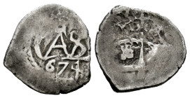 Charles II (1665-1700). 1/2 real. 1674. Potosi. (Cal-163). Ag. 1,69 g. Three digits date. VF/Choice F. Est...100,00. 

Spanish description: Carlos I...