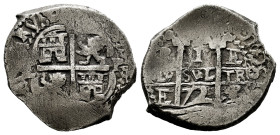 Charles II (1665-1700). 1 real. 1672. Potosi. E. (Cal-256). Ag. 4,37 g. Mint and assayer interchanged on obverse. Double assayer. Tone. Scarce. VF/Cho...