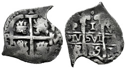 Charles II (1665-1700). 1 real. 1689. Potosi. VR. (Cal-282). Ag. 2,50 g. Triple mintmark and assayer. VF. Est...100,00. 

Spanish description: Carlo...