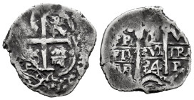 Charles II (1665-1700). 1 real. 1694. Potosi. VR. (Cal-287). Ag. 2,50 g. Double date and triple assayer. Part of the king´s name visible. Choice F/Alm...