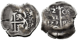 Charles II (1665-1700). 2 reales. 1679. Potosi. C. (Cal-404). Ag. 5,99 g. Double assayer. Part of the king´s name visible. Scarce. Choice F/Almost VF....
