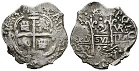 Charles II (1665-1700). 2 reales. 1692. Potosi. VR. (Cal-425). Ag. 7,25 g. Triple date partially visible, double assayer. VPart of the king´s name and...