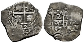 Charles II (1665-1700). 2 reales. 1692. Potosi. VR. (Cal-425). Ag. 6,52 g. Double date. Patina. Scarce. VF. Est...200,00. 

Spanish description: Car...
