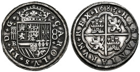 Charles II (1665-1700). 8 reales. 1683. Segovia. BR. (Cal-767). (Jarabo-Sanahuja-F19). Ag. 26,66 g. Aqueduct with two rows of two arches. End of planc...
