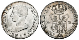 Joseph Napoleon (1808-1814). 4 reales. 1811. Madrid. AI. (Cal-15). Ag. 6,05 g. Traces of luster. Slight old cabinet tone. Scarce in this grade. XF. Es...