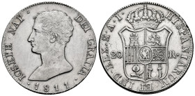 Joseph Napoleon (1808-1814). 20 reales. 1811. Madrid. AI. (Cal-39). Ag. 26,96 g. Small eagle. Slightly cleaned. Planchet defect on edge. XF/Almost XF....