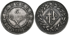 Joseph Napoleon (1808-1814). 5 pesetas. 1810. Barcelona. (Cal-46). Ag. 26,96 g. Minor nick on edge. Patina. Choice VF. Est...400,00. 

Spanish descr...