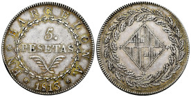 Joseph Napoleon (1808-1814). 5 pesetas. 1813. Barcelona. (Cal-52). Ag. 27,00 g. Soft patina with light iridescent tones. Minor knock on the edge. Rare...