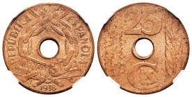II Republic (1931-1939). 25 cents. 1938. Madrid. (Cal-20). Ae. Original luster. Slabbed. Mint state. Est...50,00. 

Spanish description: II Repúblic...