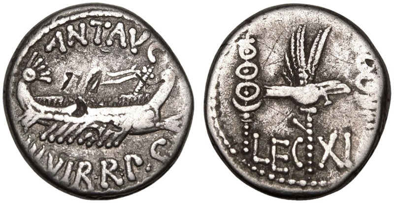 ROMAN REPUBLIC & IMPERATORIAL. Marc Antony. 
Silver Denarius, 32-31 BC. Militar...