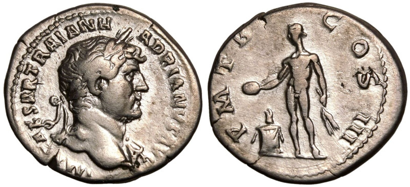 ROMAN EMPIRE. Hadrian. 
Silver Denarius, AD 120-121. Rome. 
Obv: IMP CAESAR TR...