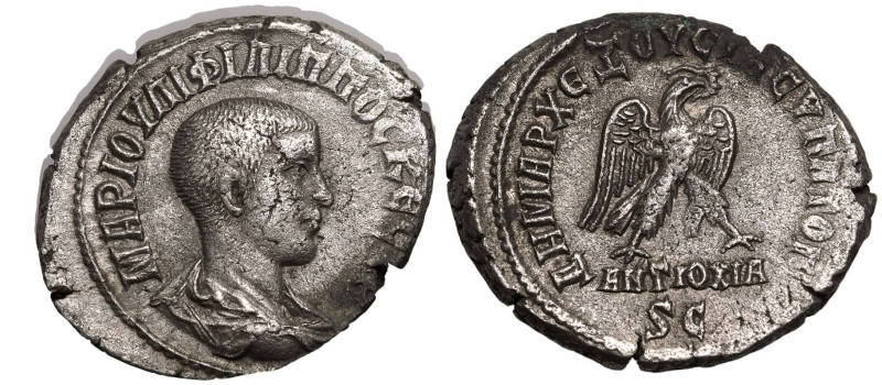 ROMAN PROVINCIAL. SELEUCIS AND PIERIA, ANTIOCH. Philip II (Caesar). 
Billon Tet...