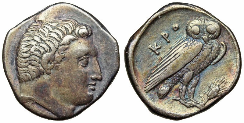 BRUTTIUM, Kroton. Circa 300-250 BC. AR Oktobol (16mm, 2.95 g, 3h). Bare head of ...