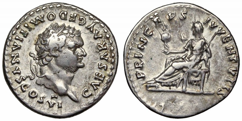 Domitian. As Caesar, AD 69-81. AR Denarius. Rome mint. Struck AD 79. (18mm, 3.50...