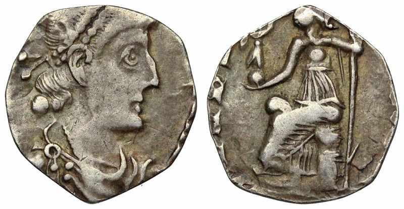 Theodosius I. AD 379-395. AR Siliqua (13mm, 0.97 g, 6h). Pearl-diademed, draped,...