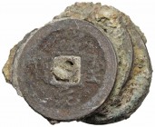 MEDIEVAL CHINA. Cluster of shipwreck coins. Zhe Zong.