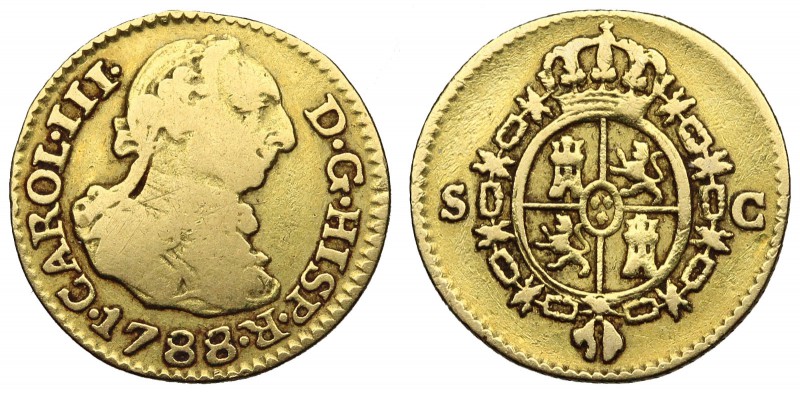 SPAIN. Carlos III. Gold ½ Escudo, 1788S C (14mm, 1.68 g, 0h). Seville mint. CARO...