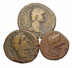 ROMAN IMPERIAL. Lot of 3 early Roman bronzes. Includes Tiberius AE As, Domitian AE Sestertius, Antoninus Pius AE Sestertius. Group lots sold as is, no...