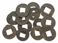 PALEMBANG. Lot of 15 tin Pitis Teboh. Pre-Dutch issues. Dating uncertain, likely 1700's. Scarcer type with legend "Alaa min sultan" around center squa...