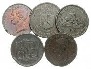WORLD, British trade tokens. Lot of 5, including 4 Penny tokens and a Professor Holloway medal (1858). Group lots sold as is, no returns.