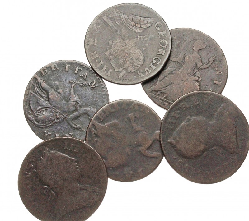 WORLD, Great Britain. Lot of 6 evasion "Non-Regal" halfpennies. Dates in the 177...