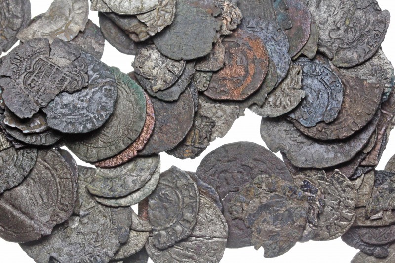 MEDIEVAL SPAIN. Lot of 92 coins of various types. Many are fairly high silver co...