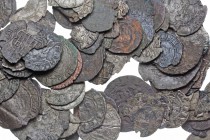 MEDIEVAL SPAIN. Lot of 92 coins of various types. Many are fairly high silver content billon coins. All have been either cut for change, broken, holed...